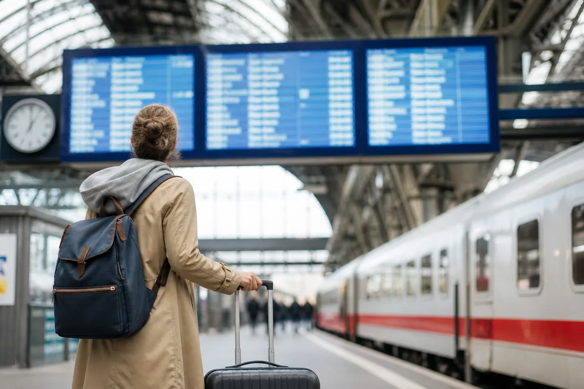 Reisende Person mit Gepäck vor einer Bahnhofsanzeige und einem Zug