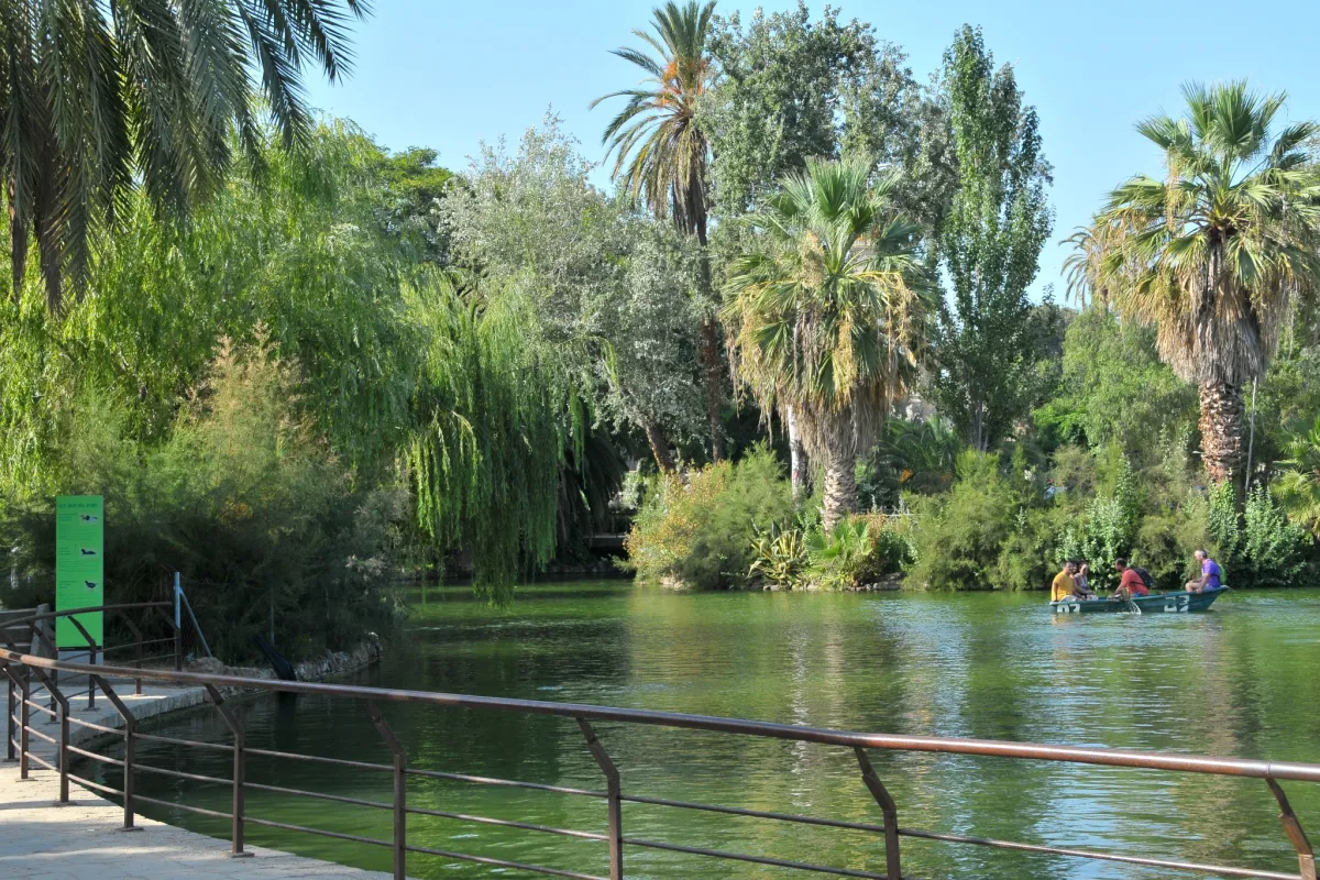 Grüner Park mit See und Ruderboot in Barcelona