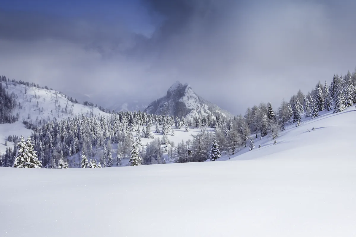 Verschneite Hänge und Wälder auf der Postalm im Salzburger Land